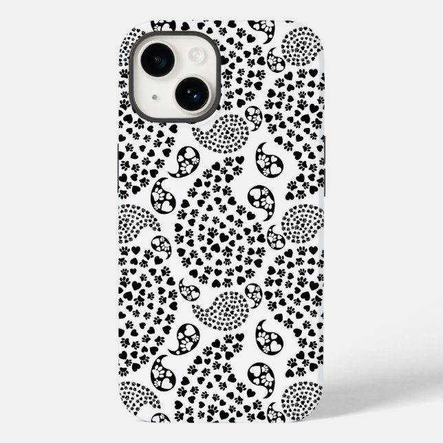 Black And White Dog Paws And Hearts Paisley Print Case-Mate iPhone Case (Back)