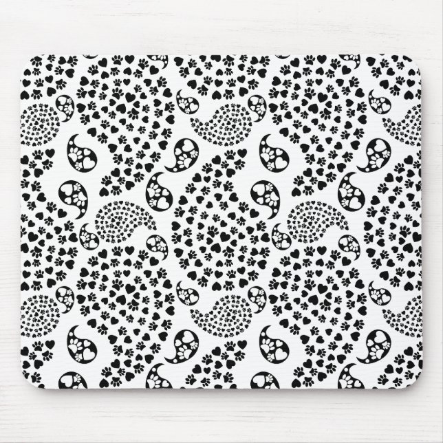 Black And White Dog Paws And Hearts Paisley Print Mouse Pad (Front)