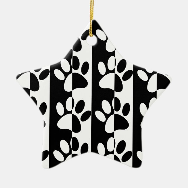 Black And White Dog Paws And Stripes Ceramic Ornament (Front)