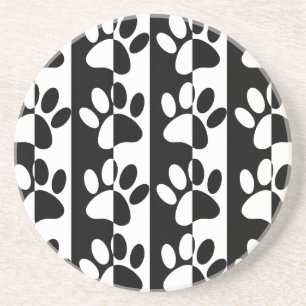Black And White Dog Paws And Stripes Coaster