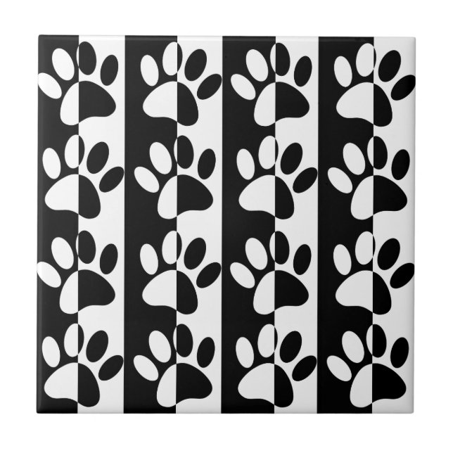 Black And White Dog Paws And Stripes Seamless Tile (Front)