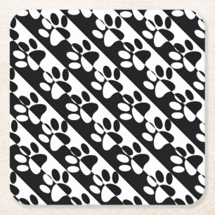 Black And White Dog Paws And Stripes Square Paper Coaster