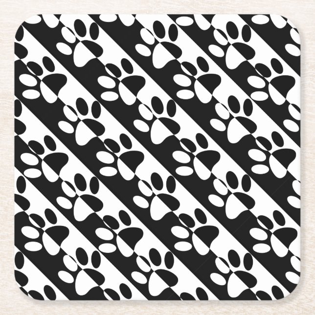 Black And White Dog Paws And Stripes Square Paper Coaster (Front)