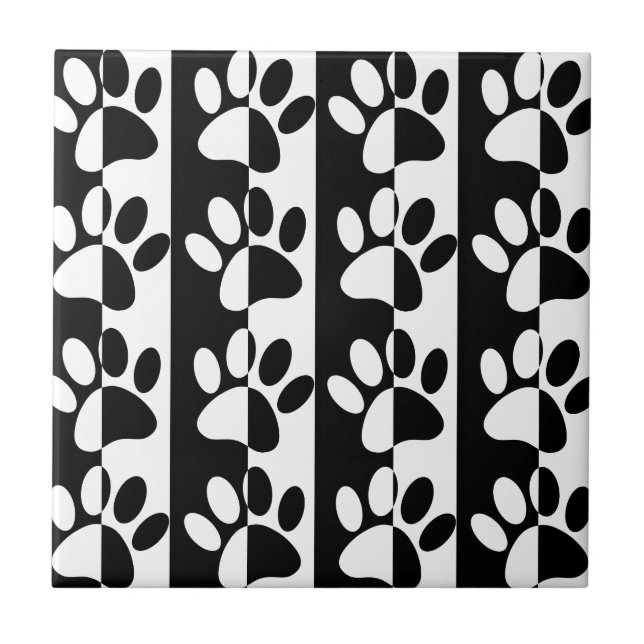 Black And White Dog Paws And Stripes Tile (Front)