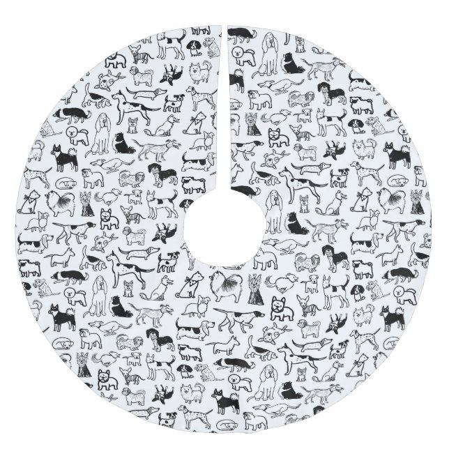 Black and White Dogs Pattern | Cute Canine Lover's Brushed Polyester Tree Skirt (Front)