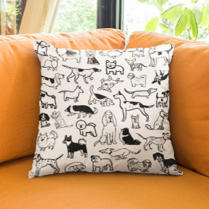 Black and White Dogs Pattern   Cute Canine Lover's Throw Pillow