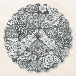 Black and white doodle art coaster. paper coaster