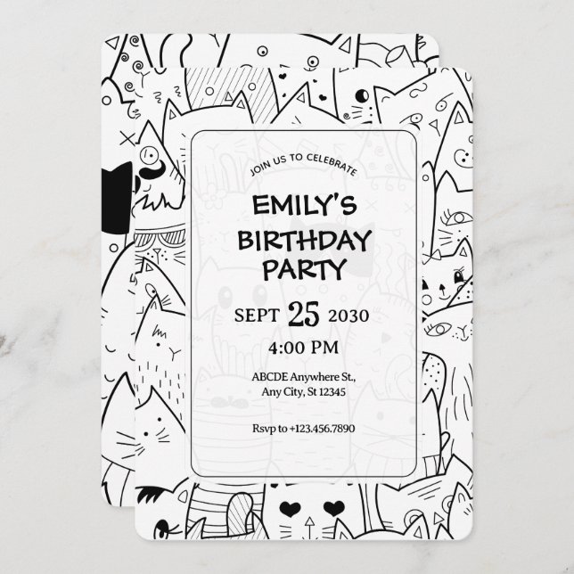 Black and white doodle cats invitation (Front/Back)
