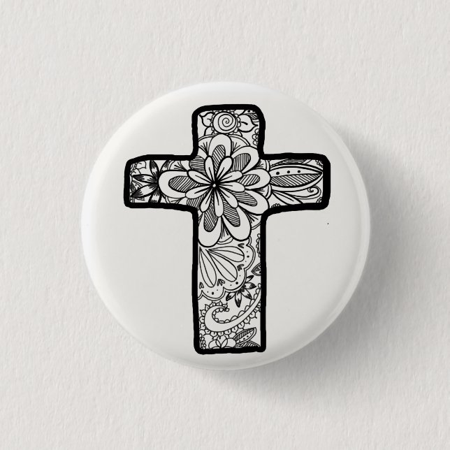 Black and White Doodle Cross Button (Front)