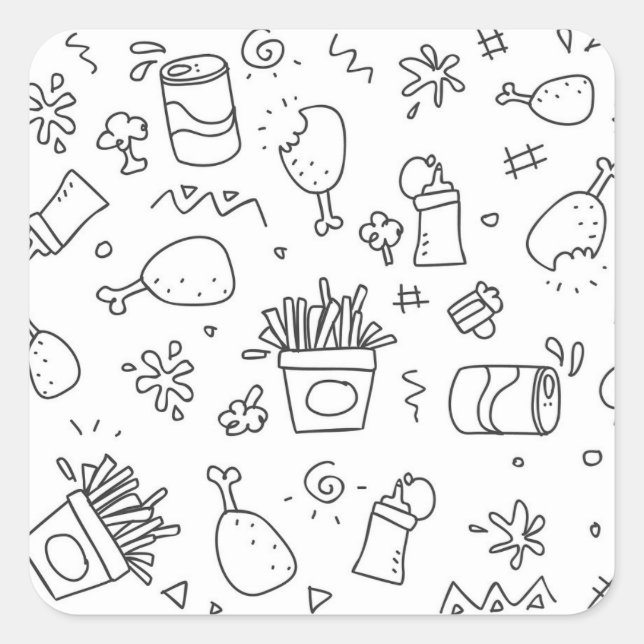 Black and White Doodle Fast Food Pattern Square Sticker (Front)