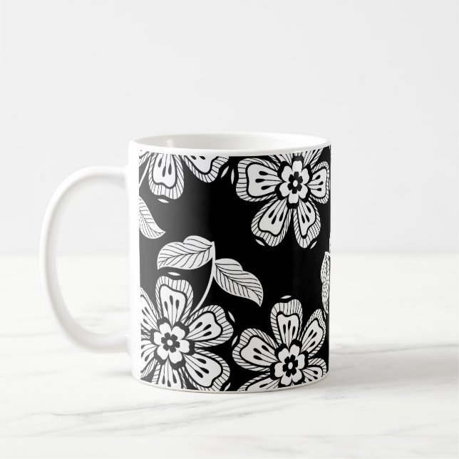 Black and white doodle flower patternblack,abstrac coffee mug (Left)