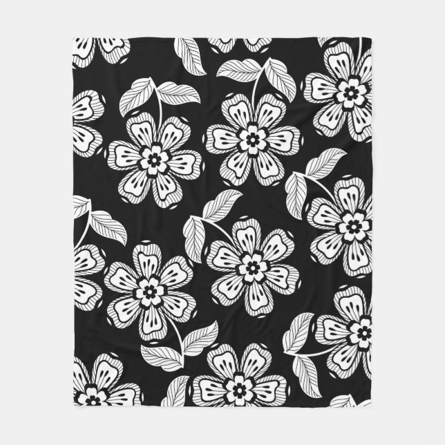 Black and white doodle flower patternblack,abstrac fleece blanket (Front)
