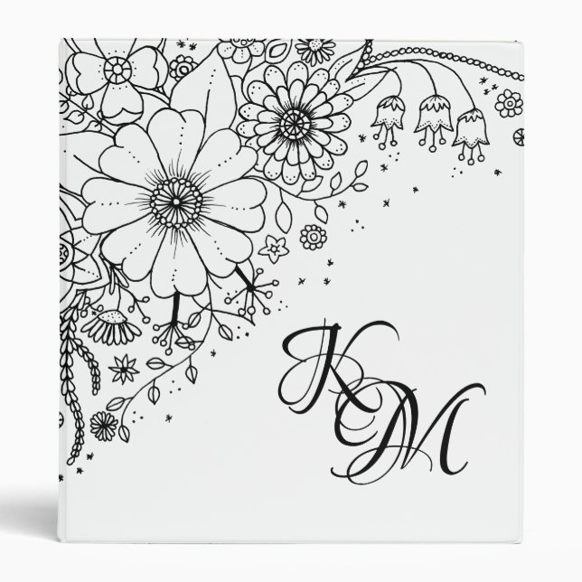 Black and White Doodle Flowers Colour In Picture  Binder (Front)
