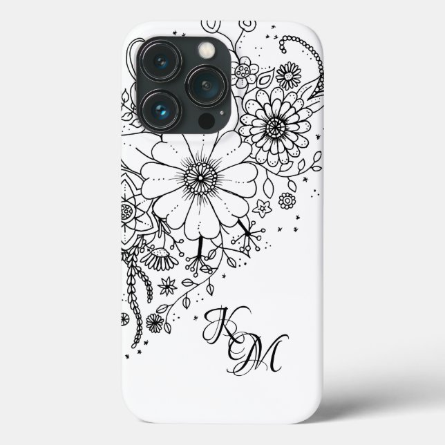 Black and White Doodle Flowers Colour In Picture Case-Mate iPhone Case (Back)
