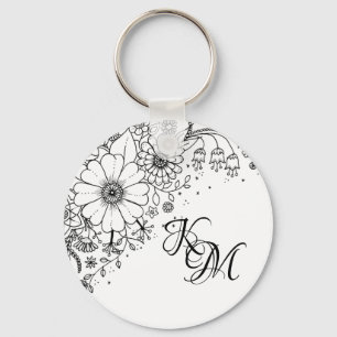 Black and White Doodle Flowers Colour In Picture Keychain
