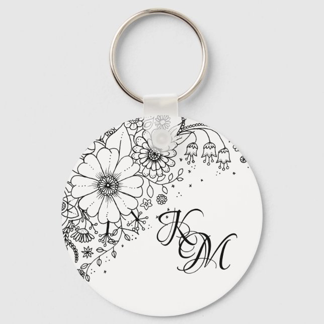 Black and White Doodle Flowers Colour In Picture Keychain (Front)