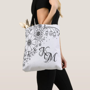 Black and White Doodle Flowers Colour In Picture  Tote Bag
