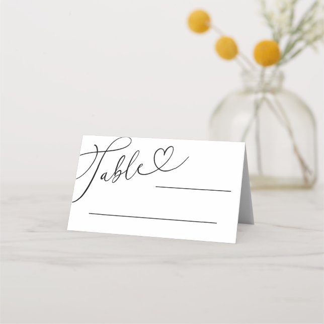 Black And White Doodle Heart Calligraphy Wedding  Place Card (Front)