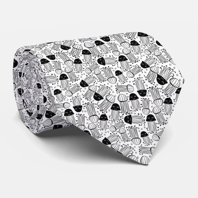 Black and white doodle jelly fish pattern tie (Rolled)