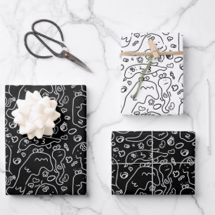 Black and white doodle pattern wrapping paper shee