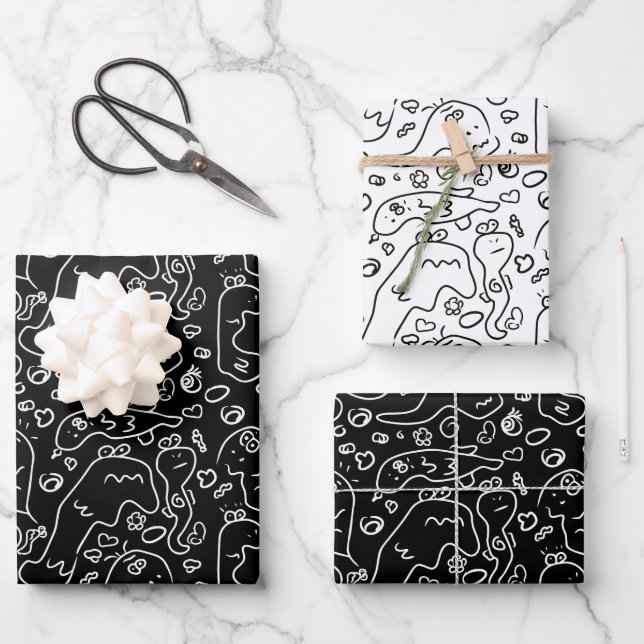 Black and white doodle pattern wrapping paper shee (Front)
