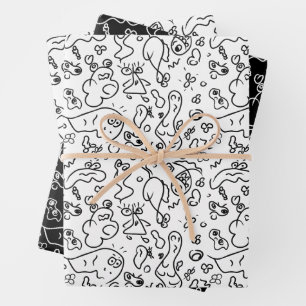 Black and white doodle pattern wrapping paper shee