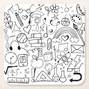 Black and White Doodle School Art Square Paper Coaster
