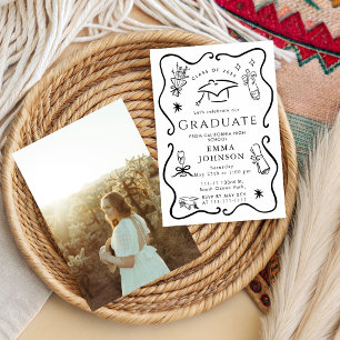 Black and white doodle Simple Graduation Party  Invitation