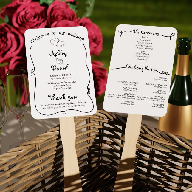 Black and White Doodle Wedding Ceremony Program Hand Fan (Black and White Doodle Wedding Ceremony Program Hand Fan)