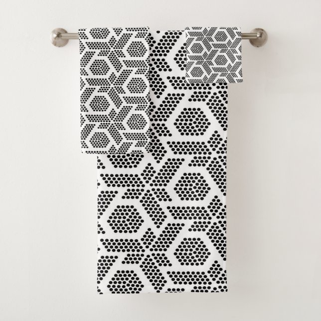 Black and white doted geometric pattern bath towel set (Insitu)