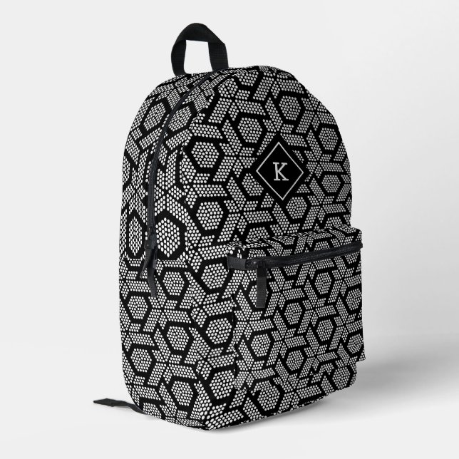 Black and white dots in a geometric pattern printed backpack (Back Corner Left)