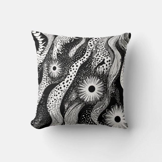 Black And White Dotted Waves Throw Pillow (Front)