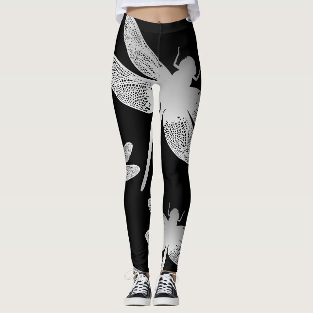 Black and White Dragonfly Pattern Leggings (Front)