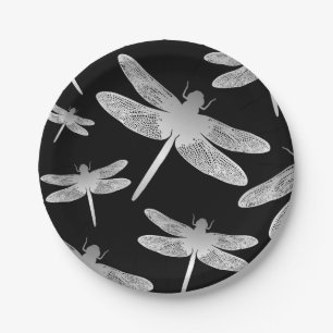 Black and White Dragonfly Pattern Paper Plate