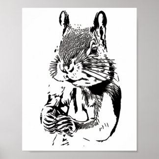 black and white drawing of a cute squirrel  poster
