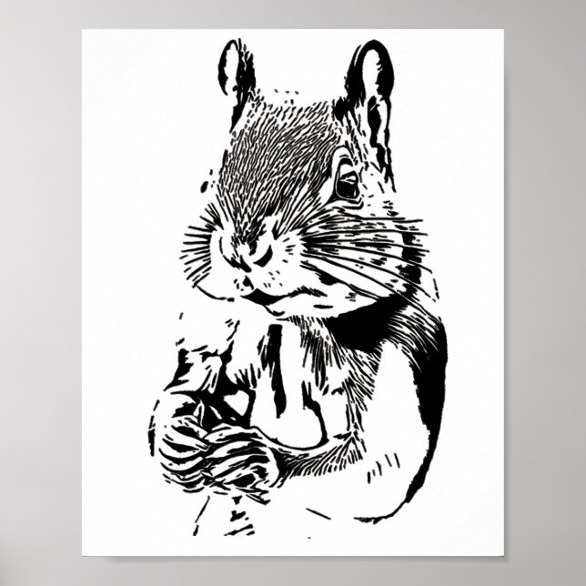 black and white drawing of a cute squirrel  poster (Front)