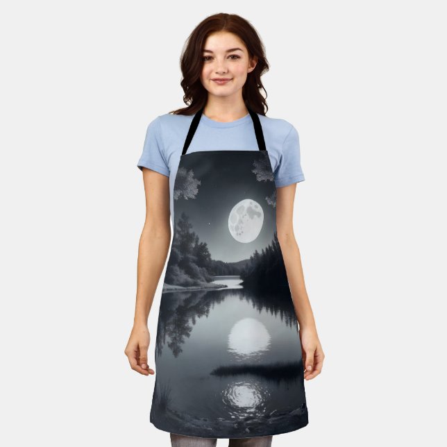 black and white drawing, the lake and the stars apron (Worn)