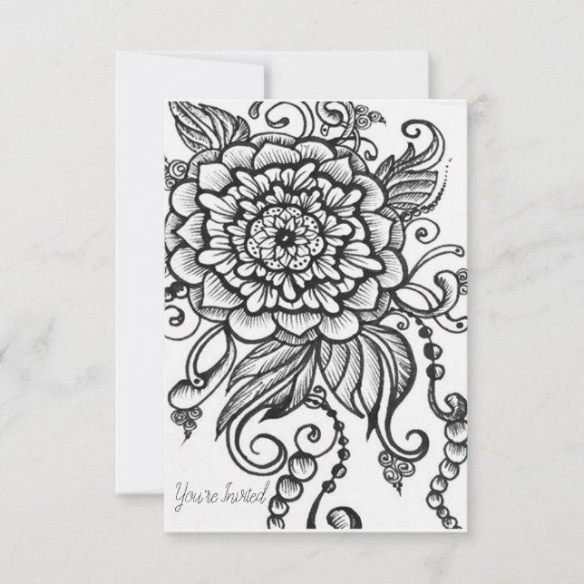 Black and White Drawn Floral Party Invitation (Front)