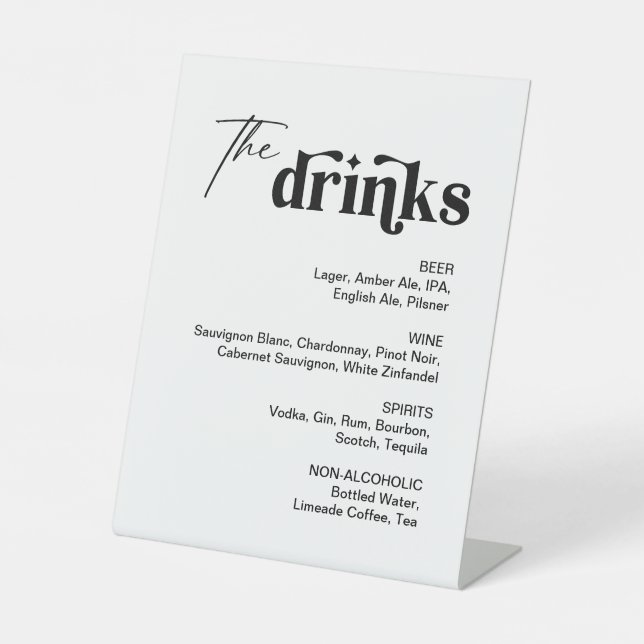 Black and White Drink Menu Wedding Bar Pedestal Sign (Front)