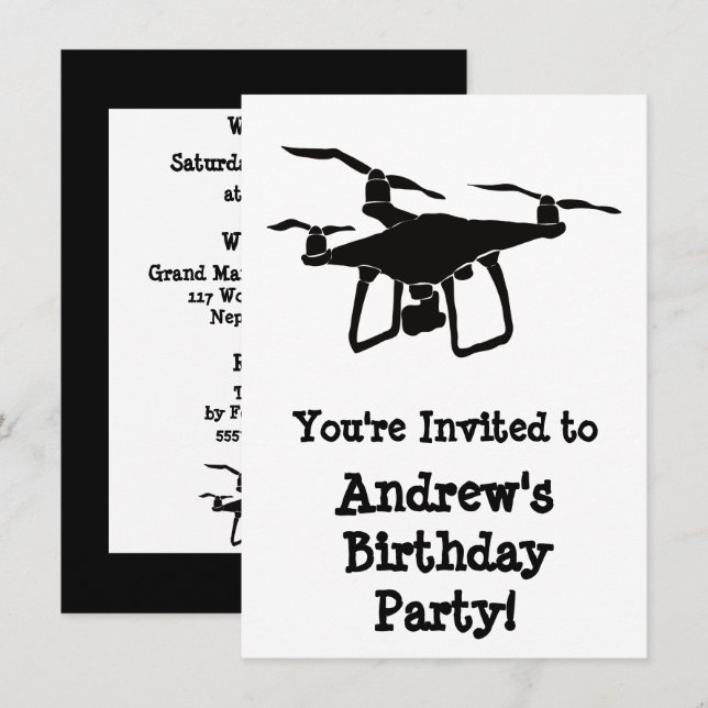Black and White Drone Birthday Party Invitation (Front/Back)