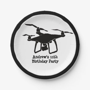 Black and White Drone Illustration Birthday Party Paper Plate