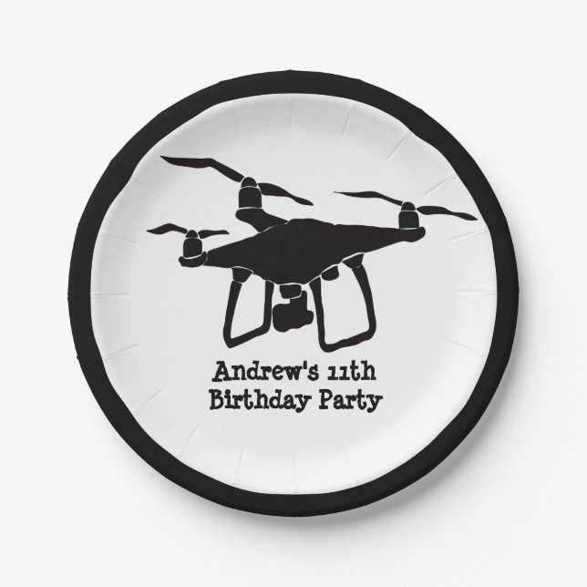 Black and White Drone Illustration Birthday Party Paper Plate (Front)