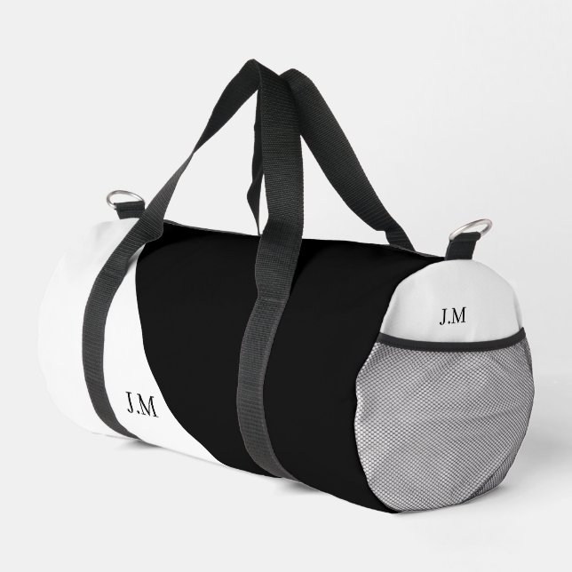 Black and white duo solid colour initials name duffle bag (Right Corner)
