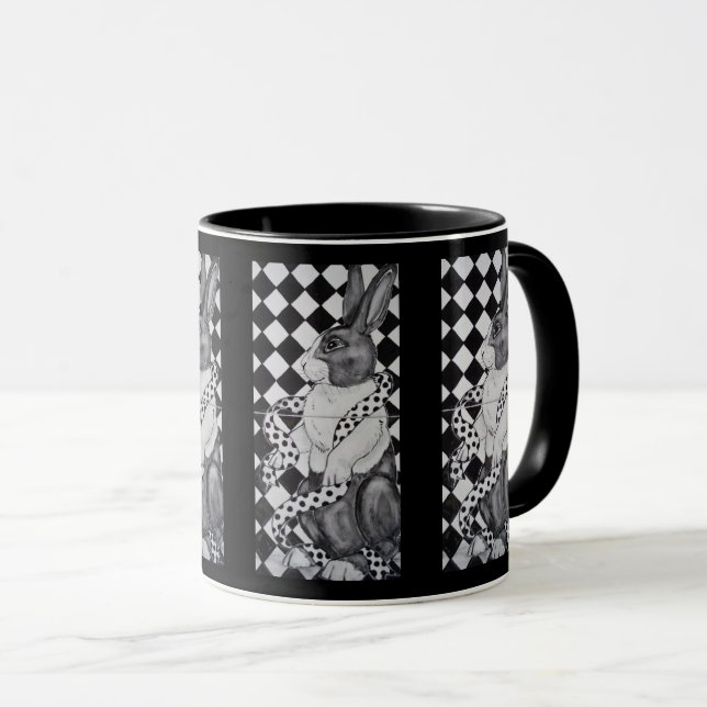 Black and White Dutch Rabbit Geometric Design Mug (Front Right)