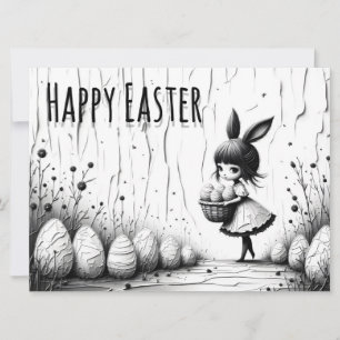 Black and White Easter Girl with Bunny Ears