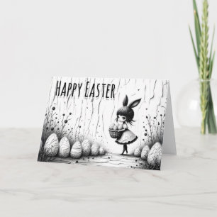 Black and White Easter Girl with Bunny Ears Card