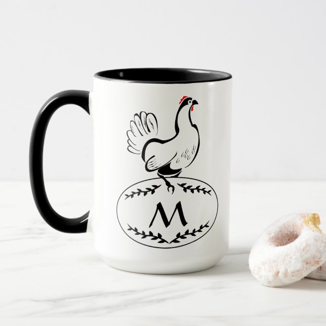 Black and White Elagant Hen on a Monogram Egg Mug (With Donut)