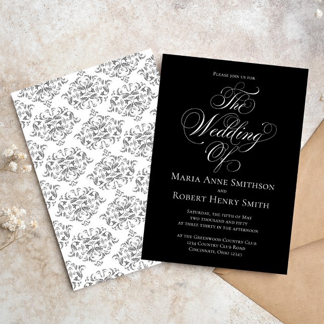Black and White Elegant Calligraphy Script Classic Invitation (Classic calligraphy script black and white wedding invitation with traditional damask.)