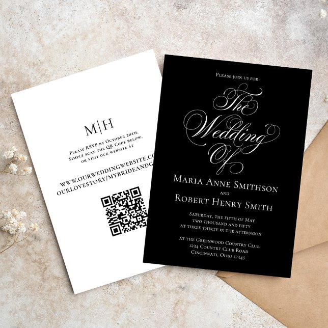 Black and White Elegant Calligraphy Script Formal Invitation (Elegant Black and White wedding invitation with stylish calligraphy script. )