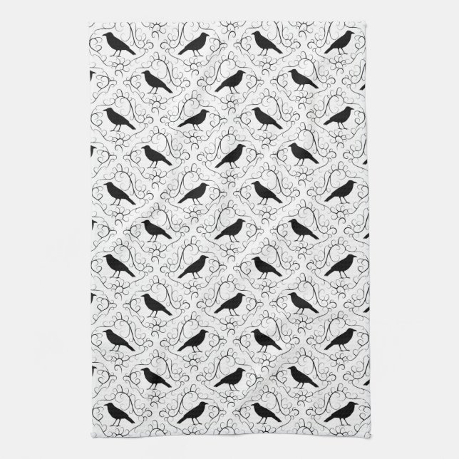 Black and White Elegant Crow Pattern. Kitchen Towel (Vertical)